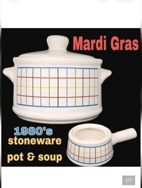 1980's/90's Mardi Gras pattern stoneware? cooking pot & French onion soup bowl